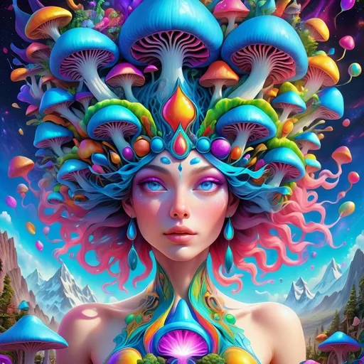 Prompt: Ultra high definition super hyperrealism of Psychedelic goddess with mushroom-inspired features, vibrant fractals, hallucinatory atmosphere, divine feminine energy, psilocybe cubensis, liberty caps, trippy visuals, mystical aura, highres, colorful, psychedelic, detailed features, surreal, vibrant colors, hallucinatory lighting