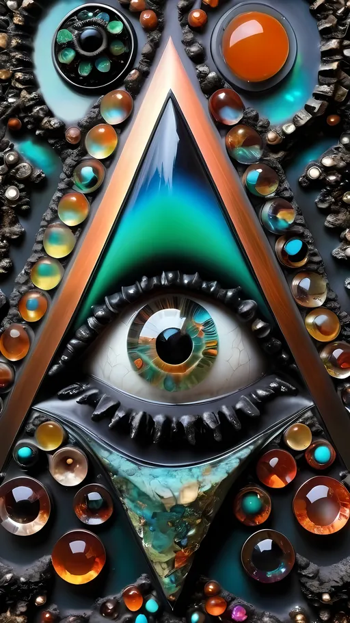 Prompt: an extremely hyper realistic ultra super textural weird trippy surreal psychedelic entity, Triangular Fractal Cascade, translucent, charcoal matte black, blown glass, iridescent finish, inlaid opal, glittering crystal accents, copper, patina, pyrite, quartz,, garnet, vandanite, bright vivid greens, teals, oranges,  lots and lots of light, lots of crazy colorful compound psychedelic human eyes, rows of human teeth, human lips, tongues, fungus,  atoms, diatoms, diatomic, algae, bryozoans, Triangular Fractal Cascade, extreme high definition organic and mineral textures