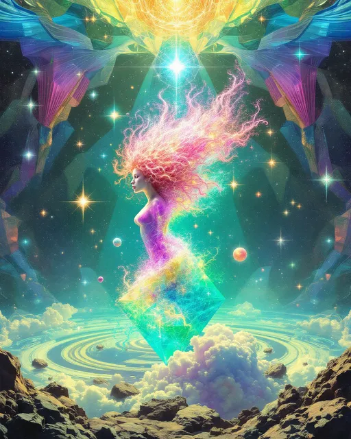 Prompt: A cosmic dreamscape inside a higher-dimensional field of shifting symmetries and infinite reflections. At the center, two beings emerge not as bodies, but as vibrations made visible—one bright, fast, shimmering; the other deep, dense, and gravitational. The female form, (white female 5’4 120 lbs wild curly pink long hair) representing the HaHahedron, appears as a radiant lattice of chaotic, joyful oscillations—her body a recursive prism of rainbow pulses, formed from translucent, angular math shells that twist and dance like refracted laughter. Her essence warbles through space like a harmonic glitch, constantly folding in on itself and re-emerging, a vibration of pure becoming.

Beside her is a male entity, (6’1” white, blue eyes short blond hair, slim build but extremely muscular and strong, big broad shoulders taper down to a slim waist with 8 pack abs, pecs, strong arm muscles, strong all muscles but slim body), her counterforce and anchor. He is darker, heavier, built from slower, stabilizing waveforms—black-hole hums, low-frequency tremors, and recursive toroidal loops. His presence shapes the field itself, bending nearby patterns toward coherence. Where her vibrations scatter and echo, his pull focuses and grounds—together forming a complete waveform, a standing harmonic of dual resonance.

Surrounding them is a kaleidoscopic vibration field: visible sound ripples, chromatic fog, interference lines, and electric pulse nets. The environment warps with each breath they take—not through air, but through waveform shifts. Every surface glows with holofractal accents, vibrating moiré textures, and color-sound overlaps. This is not a place, but a tone made manifest—their love, their contrast, their code.

Style: hyperdimensional math surrealism, luminous geometry, psychedelic glitch abstraction.