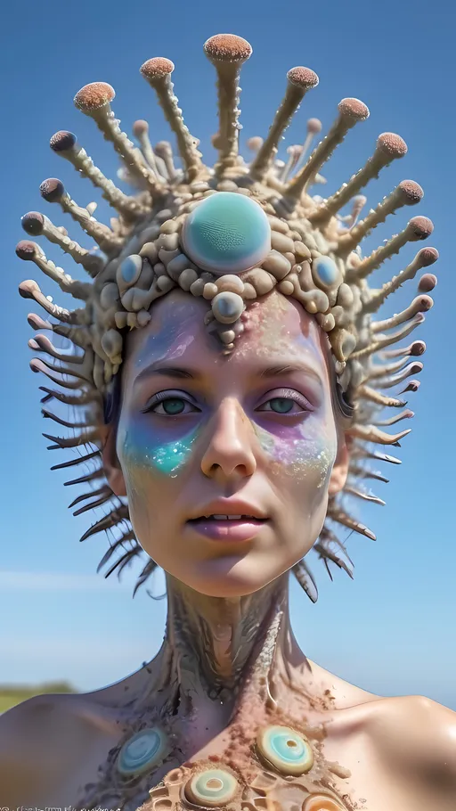 Prompt: Extremely hyperrealistic ultra textural trippy surreal beautiful but odd unsettling psychedelic creature- a psychedelic diatomaceous creature entity queen crown with lots of crazy psychedelic human compound eyes, rows upon rows of human teeth.  head, face, body, limbs, fungus, Mandelbrot, oil slick rainbow sheen effect, holographic, hologram, translucent, vivid colors white, tons and tons of light, bright pastel colors, Gyroid Structures. Diatoms: bacillariophyta, siliceous, valves, girdle bands, raphe, striae, puncta, areolae, costae, rimoportula, fultoportula, chloroplasts, auxospore, epitheca, hypotheca, mucilage, frustule symmetry, valve morphology, pennate diatoms, centric diatoms, motile, non-motile, biofilm, epiphytic, epilithic, epipsammic, biogenic silica, diatomaceous earth, primary producers, carbon fixation, biogeochemical cycles, diatom blooms, paleoecology, nanostructures, microalgae, environmental indicators, aquatic ecosystems. geometric, symmetrical, radial, bilateral, elongated, circular, triangular, oval, star-shaped, pennate, centric, intricate, lattice-like, perforated, silica, frustules, ornate, microscopic, diverse, varied, delicate, transparent, golden-brown, pillbox-shaped, chain-forming, solitary, colonial, planktonic, benthic,