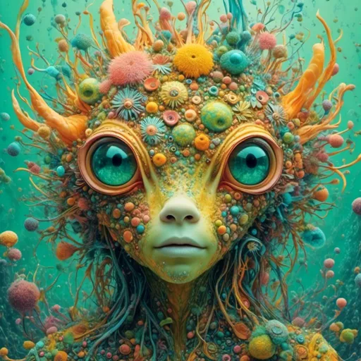 Prompt: <mymodel>an extremely hyper realistic super textural psychedelic entity/creature, trippy, weird, surreal, fractals, multidimensional geometric shapes, eyes, human teeth, lots of light, bright pastel colors, luminous, glowing, extremely textural, yellow, greens, oranges, silver, copper