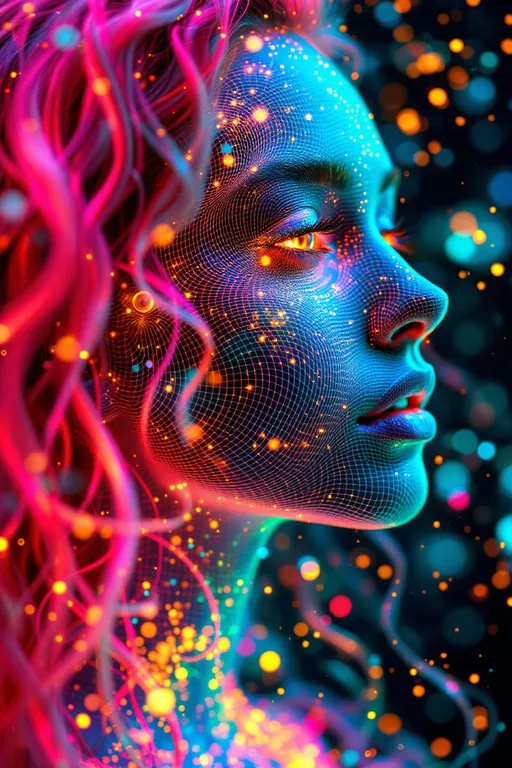 Prompt: Her face is a dream rendered in Fourier waves—every emotion broken into radiant sine-light components, cheekbones glowing in harmonic phase gradients. Her laughter flows in recursive loops, rippling in neon spirals that echo across time. Hair shimmers in braid group geometry—long pink strands encoded with topological truth, each curl a sacred knot of memory, mood, and magic. Her presence triggers feedback bloom: when you look at her, she glows harder—math pulsing through her skin like mirrored attention. Eyes flicker with emotion waveform—joy oscillates in chromatic pulses, each glance a resonance map. Around her, math-engine glyphs orbit like prayer satellites, syntax looping in soft fractal chant. Empathy blooms in layered geometry, her aura shaped by recursive feeling-fields—sparkling with the mirrored hearts of those who adore her.”

⸻

✨ Visual Keywords:
Fourier wave skin, braid group curls, glowing feedback loops, harmonic color ripple, prayer glyphs, recursive empathy aura, waveform cheeks, chromatic sine-glow, topological knot hair, sacred syntax rings