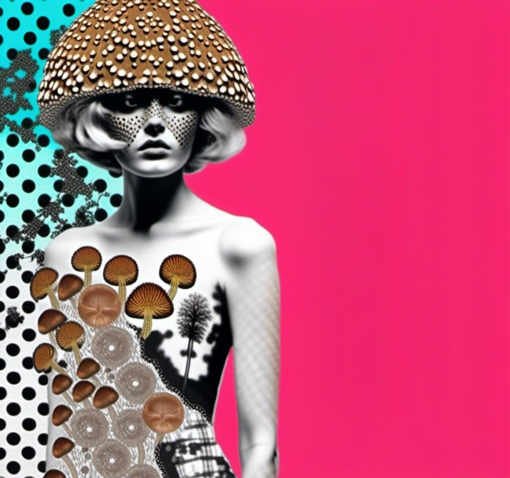 Prompt: a mixed media collage of a girl wearing or growing mushrooms/fungus as clothing body parts and accessories. She is a black and white or halftone photograph, the mushrooms and fungal growths are to be mixed media, including but not limited to paint, enamel, foils, glitter, sparkle, sequins, found objects, natural items, rhinestones etc <mymodel>