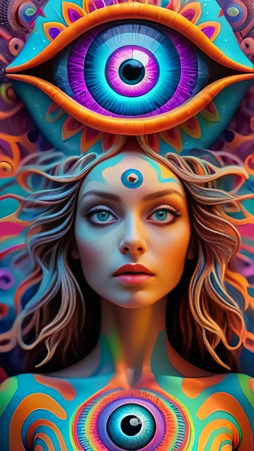 Prompt: <mymodel>Psychonauticore image with hallucinatory visuals, vibrant colors, psychedelic atmosphere, surreal third eye, trippy patterns, mind-bending, detailed psychedelic art, highres, vibrant colors, surreal, detailed trippy visuals, hallucinogenic, mind-bending, third eye, psychedelic atmosphere, colorful, professional, atmospheric lighting