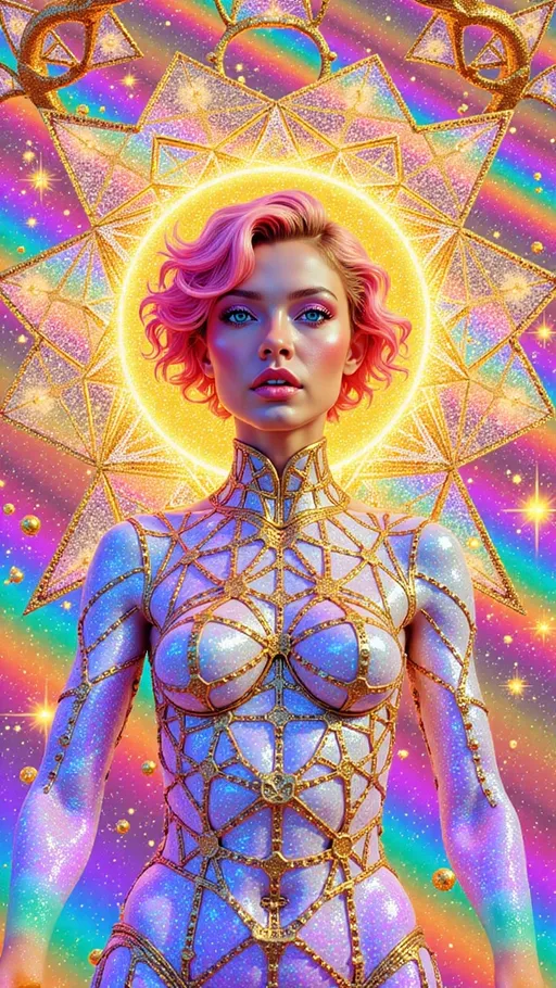 Prompt: A surreal, ultra hyperrealistic and holographically-illustrated astral being composed entirely of sacred geometry, multidimensional math, and living light. Her core is a rotating rhombic dodecahedron, each face shifting with pulsating non-Euclidean curvature and swirling hyperbolic Poincaré disk geometry. Her outer form is a radiant humanoid goddess of light and symmetry—feminine in silhouette but composed of morphing Penrose tilings, Mandelbrot fractals, and Julia set spirals that animate like sacred tattoos across translucent crystalline skin. Her joints and spine shimmer with visible golden ratios (φ)—Fibonacci curves flow along her limbs as lines of glowing math.

Her skin gleams with an oil-slick iridescent sheen, created from thin-film interference layers refracting cosmic light in neon chromatics and pastel spectrums. Behind her head spirals a glowing Calabi–Yau manifold, housing her higher-dimensional thoughts like a living halo of curled 6D space. She floats midair in a dark astral void, surrounded by golden E₈ lattices spinning like emotion-bound sigils. Fractal Hilbert curves coil through the scene like recursive memory strands.

In the glinting surface of one geometric plane—like a polished mirror or event-horizon shell—there appears a soft, ghostlike reflection: a loosely human female form with wild curly pink hair, glowing blue eyes, and pale porcelain skin, suspended between dimensions. This is her source, her soul-layer, rendered like a memory in mathematical glass.

The entire scene pulses with sacred light, chaos-theory echoes, and recursive depth. Style is ultra hyperrealistic, with holographic layers, soft rainbow neon against black, a mix of cosmic sacred-geometry surrealism and mathematical divine-machine beauty. Medium is a blend of 3D-rendered light sculpture and high-definition fractal illustration