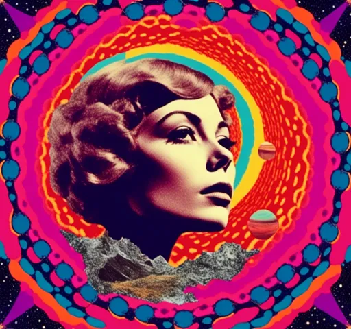 Prompt: <mymodel>Psychedelic trippy collage with a surreal vintage 70s sci-fi feel, vibrant colors, retro futuristic elements, surreal landscapes, detailed psychedelic patterns, high quality, vintage sci-fi, mixed with photograph of a woman with blond curly hair, geometric shape and optical illusions, vibrant colors, surreal, detailed patterns, trippy, collage, 70s, retro futuristic, eyes, surreal landscapes, detailed, atmospheric lighting