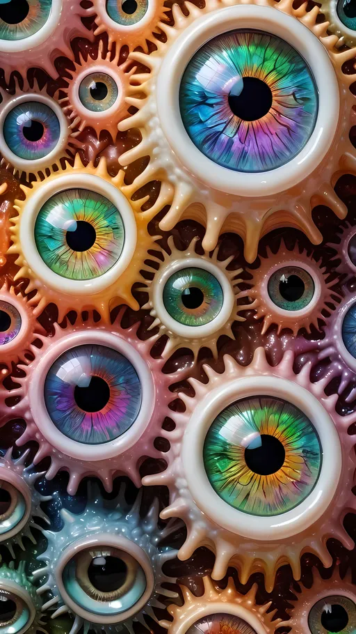 Prompt: an extremely hyper realistic ultra super textural weird trippy surreal psychedelic entity, white, translucent, clear, bright bright pastel colors, oil slick rainbow sheen effect, lots and lots of light, lots of crazy colorful compound psychedelic human eyes, rows of human teeth, fungus, atoms, diatoms, phosphorus