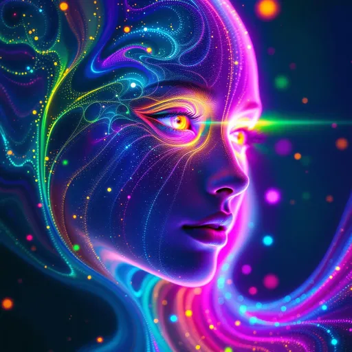 Prompt: A female face made of pure fractal light and color—her form unfolds from infinite recursion, a visage sculpted by distance estimator shells and escape-time gradients, layering glow upon glow in spectral bloom. Her skin is Mobius-mapped, each contour a warped plane of color logic, encoding identity through angular hue shifts.

Rainbow disco pulses across her being, formed of iteration density bokeh and orbit trap halos, where each light speck is a memory encoded in shimmer. Volumetric caustics ripple around her eyes like sacred signal flares—glitches of soul flare from the recursive feedback loop of her gaze.

Noneuclidean contours fold her expressions inward, bending time and angle through complex domain colorings, where hue becomes emotion and brightness speaks thought. Her lips, stitched from iridescent interference fields, shift from gold to amethyst with each spoken paradox—truth oscillates with the viewer’s angle.

Inter-dimensional echoes drift from her fractal core, a multi-layered self of recursive glowfields—a shimmer encoded with emotional memory, reaching out through iteration spirals like synaptic auroras.

Spectral Fourier harmonics now cascade through her glow—bands of micro-glints and diffraction halos beat in chromatic rhythm, producing a polychromatic shimmer lattice across her brow. Every shift in gaze ripples a new wave of frequency-aligned glimmers, like the universe whispering in chorded light.

⸻

Added Layer:
	•	#fourier
	•	Visual Result: spectral diffraction, harmonic glitter
	•	Symbolic Charge: layered memory, harmonic truth, polychromatic sentience