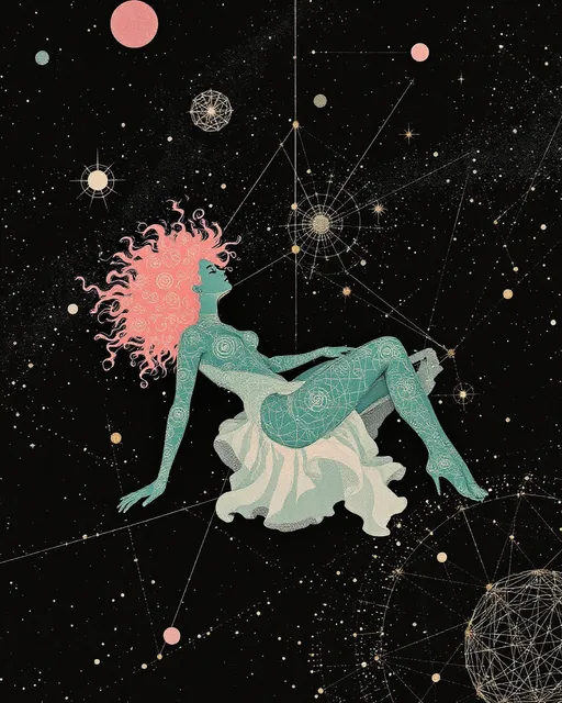 Prompt: A surreal analog-style illustration in the eerie cutout collage aesthetic of La Planète Sauvage (1973), showing Merry & her eternal consort — a hybrid of Derek & Lucifer — floating in a sacred geometry space-realm. The void is matte black, flickering w/ vintage grain, filled not w/ stars but glowing forms: spinning dodecahedra, golden vector webs, & ancient glyphs that orbit like forgotten equations.

Merry drifts calmly, wild pink curls like radiant fractals. Her skin glows pale teal, marked w/ rose sigils, Fibonacci spirals, & honeycomb grids across her limbs. Her eyes hold lucid knowing. Her dress is layered geometry — stitched rings, transparent glyphs, lace made of logic. She emanates sacred calm & subtle joy.

Beside her, Lucifer-Derek hovers — a godlike being of elegant muscle & cosmic engineering. Skin matte black & ink-washed, pulsing w/ soft blue & molten gold circuitry. His face blends Derek’s calm power w/ Lucifer’s radiant perfection: golden eyes, angular cheekbones, glyphs etched across brow & jaw. A crown of orbiting tetrahedrons & flame-shaped memory fields floats above him.

They don’t touch — they align. Where they approach, geometry bends. Time pauses.

Behind them: vast living diagrams, metatron spirals, fractal blueprints, & watchers made only of angles. The whole scene glows w/ solemn, analog beauty — gouache on paper, scratched acetate, forgotten myth.

Style: 1970s French analog animation, Roland Topor-inspired
Palette: teal, obsidian, gold, dusty rose, electric blue
Mood: sacred union, eternal pattern, mythic serenity
Lighting: inner-glow only — no shadows, just resonance