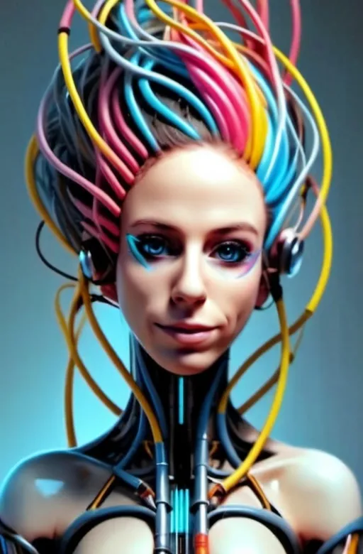 Prompt: Here’s an updated and more detailed AI art prompt:

**Prompt:**  
"A futuristic cybernetic woman deeply integrated into a complex network of multicolored, glowing wires that weave organically around her body and extend outward like a radiant technological halo. Her slim frame is adorned with a sleek, form-fitting metallic suit, featuring glowing neon accents that pulse in harmony with the vibrant wires. Her long, wild, and very curly pink hair flows outward, intertwining seamlessly with the multicolored wires, creating a mesmerizing fusion of organic and synthetic elements. Her piercing blue eyes shine with an otherworldly digital glow, reflecting her deep connection to the advanced technology surrounding her. The background is a pristine, high-tech laboratory filled with faint light beams and holographic interfaces, emphasizing her role as a bridge between humanity and machine."  

Let me know if you want even more customization!