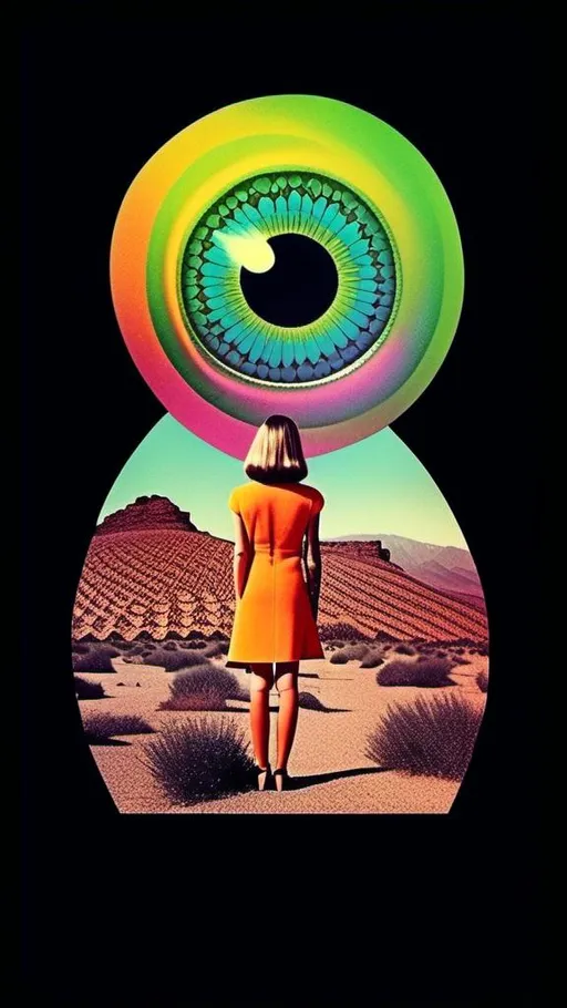 Prompt: a vintage 70s surreal psychedelic collage featuring a photograph of a young woman - it has a vintage 70s surreal science fiction art house feel to it. The photograph is cut out and edited into a collage made up of other photographs and art and feature things such as eyes, psychedelic third eyes, planets and stars, desert alien landscapes and mountains, psychedelic trippy patterns and optical illusions, psychedelic mushrooms, cats, UFOs, etc all mixed up together to create a surreal psychedelic collage effect<mymodel>