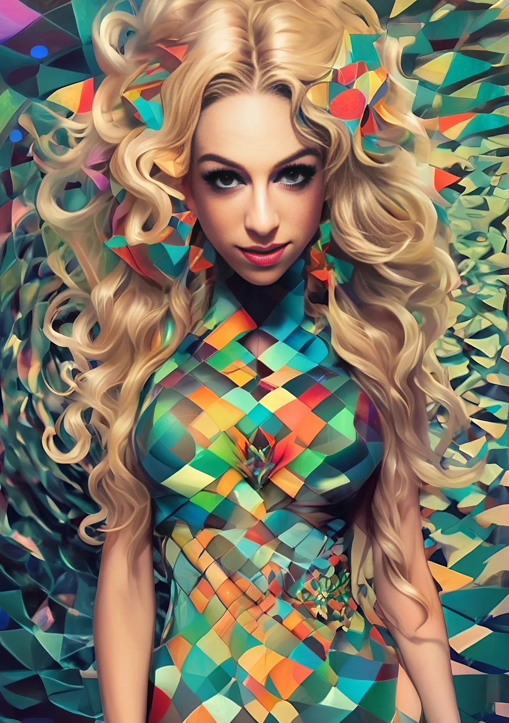 Prompt: a psychedelic hallucination of a female with long blond curly hair modeling avant Garde fashions accessories and makeup created directly out of multidimensional geometry fractals, hypercubes, non Euclidean geometry, psychedelic fashion halucinations 