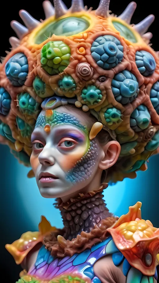 Prompt: Extremely hyperrealistic ultra textural trippy surreal beautiful female but odd unsettling psychedelic creature- a psychedelic GALL creature entity,  queen, crown, cape, jewelry, accouterments, with lots of crazy psychedelic human compound eyes, rows upon rows of human teeth.  head, face, body, limbs, fungus, diatoms, Mandelbrot, oil slick rainbow sheen effect, holographic, hologram, translucent, vivid colors white, tons and tons of light, bright pastel colors, Gyroid Structures. GALLS: Got it! Here's a refined list focusing on the appearance and shapes of plant/wasp galls: Galls, spherical, ovoid, conical, tubular, spiny, horned, blister-like, pouch-like, rosette, bud galls, leaf galls, stem galls, root galls, petiole galls, flower galls, hypertrophy, hyperplasia, cecidia, gall morphology, gall tissue, larval chambers, nutritive tissue, gall anatomy, defensive structures, blister-shaped, globular, irregular, bulbous, ridged, segmented, smooth, wart-like, clustered, elongated, flattened, lobed, scaly, hairy, warty, woody, corky, fleshy, succulent, colorful, mottled, patterned.