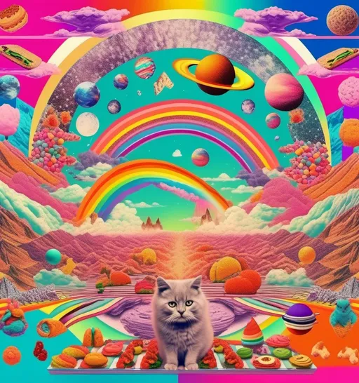 Prompt: a psychedelic collage with a vintage 70s sci animation feel to it except the theme is 90s internet memes. It is to be a collage of photographs and illustrations, outer space, planets, landscapes, optical illusion patterns, geometric shapes, with rainbows, 404 error warnings, hamsters, cats, hot dogs, hamburgers, llamas, pickles, candy, chips, pixels, orbs, 90s style iconography spliced together with a vintage 70s psychedelic collage effect<mymodel>