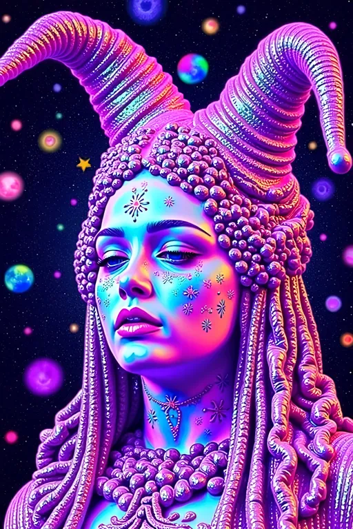 Prompt: Create a super hyperrealistic, finely detailed psychedelic Nouveau illustration of a Cosmic Jester. Feature the word MERRYPRANXTER worked organically into the background somehow.  This enchanting character is a merry prankster of the cosmos, an astral jokester dancing through time and space. She exudes a jester vibe, wearing feminine holographic jester attire & makeup with a feminine, harlequin twist. Not human, but humanoid, she is crafted from vibrant colored light, embodying an extra-dimensional extraterrestrial essence. Her presence is a beacon of joy, as she laughs and twirls through the cosmic astral realms, elevating vibes wherever she roams. 

Her beauty is otherworldly, with long, curly hair that shimmers like a cascade of colored light, appearing blonde yet transcending earthly hues. Her eyes sparkle with mischievous wisdom, and her attire is a dazzling array of intricate patterns and swirling colors, reminiscent of both jester garb and celestial phenomena.

Incorporate the text "the merrypranxter" above her in smaller, elegant lettering, seamlessly blending into the cosmic background. This text should capture the essence of her playful spirit, as if it were a whisper from the universe itself. The illustration should radiate her vibrant energy, portraying her as a timeless wanderer spreading joy and wonder throughout the cosmos.