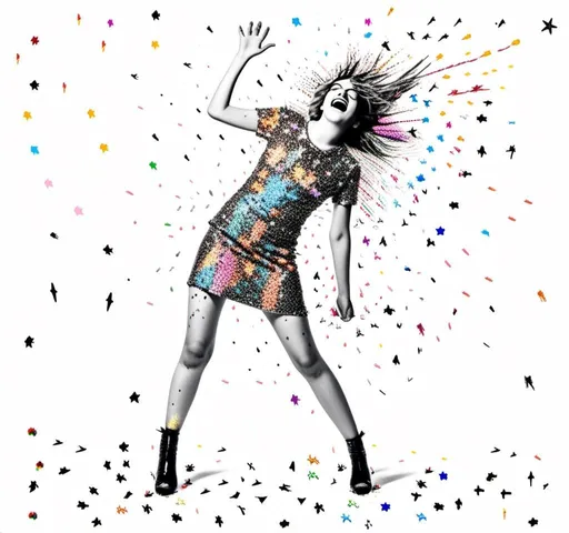 Prompt: <mymodel>Black and white halftone photograph of a girl, exploding with colorful multimedia stars, sparkles, and electric lightning bolts, created from paint, glitter, enamels, metal foils, iridescent paint, rhinestones, seed beads, dynamic and vibrant, high contrast, mixed media, dazzling explosion, detailed face and expression, high quality, highres, multimedia explosion, dynamic lighting, contrasted shadows, black and white, mixed media art