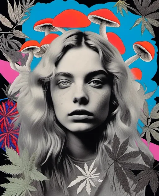 Prompt: <mymodel>Mixed media collage of a girl with long blond curly hair and blue eyes, black and white photograph, pops of vibrant color with cannabis leaves, mushrooms, smoke and fractals in the background, hand-colored, high contrast, psychedelic, detailed facial features, vintage style, atmospheric lighting