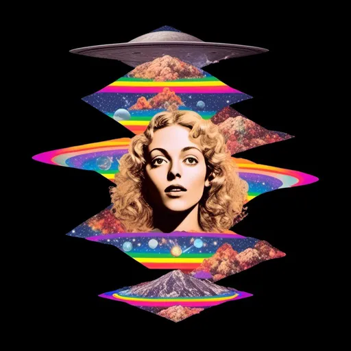 Prompt: A psychedelic collage featuring a photograph of a woman with blond curly long hair. The photo is cut and spliced with other photos and drawings of aliens, UFOs, rainbow spectrums are erupting from places, planets, stars, landscapes, and sparkles set amidst optical illusions of all kinds in geometric shapes giving an otherworldly surreal bizarre ufo alien effect to this psychedelic collage <mymodel>