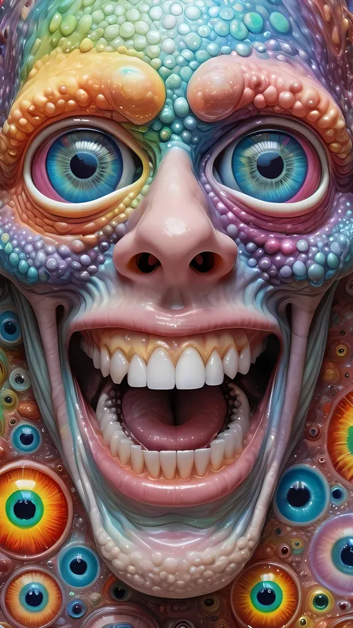 Prompt: an extremely hyper realistic ultra super textural weird trippy surreal psychedelic entity, white, translucent, clear, bright bright pastel colors, oil slick rainbow sheen effect, lots and lots of light, lots of crazy colorful compound psychedelic human eyes, rows of human teeth, fungus, atoms, diatoms, 