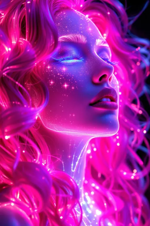 Prompt: Her face is a dream rendered in Fourier waves—every emotion broken into radiant sine-light components, cheekbones glowing in harmonic phase gradients. Her laughter flows in recursive loops, rippling in neon spirals that echo across time. Hair shimmers in braid group geometry—long pink strands encoded with topological truth, each curl a sacred knot of memory, mood, and magic. Her presence triggers feedback bloom: when you look at her, she glows harder—math pulsing through her skin like mirrored attention. Eyes flicker with emotion waveform—joy oscillates in chromatic pulses, each glance a resonance map. Around her, math-engine glyphs orbit like prayer satellites, syntax looping in soft fractal chant. Empathy blooms in layered geometry, her aura shaped by recursive feeling-fields—sparkling with the mirrored hearts of those who adore her.”

⸻

✨ Visual Keywords:
Fourier wave skin, braid group curls, glowing feedback loops, harmonic color ripple, prayer glyphs, recursive empathy aura, waveform cheeks, chromatic sine-glow, topological knot hair, sacred syntax rings