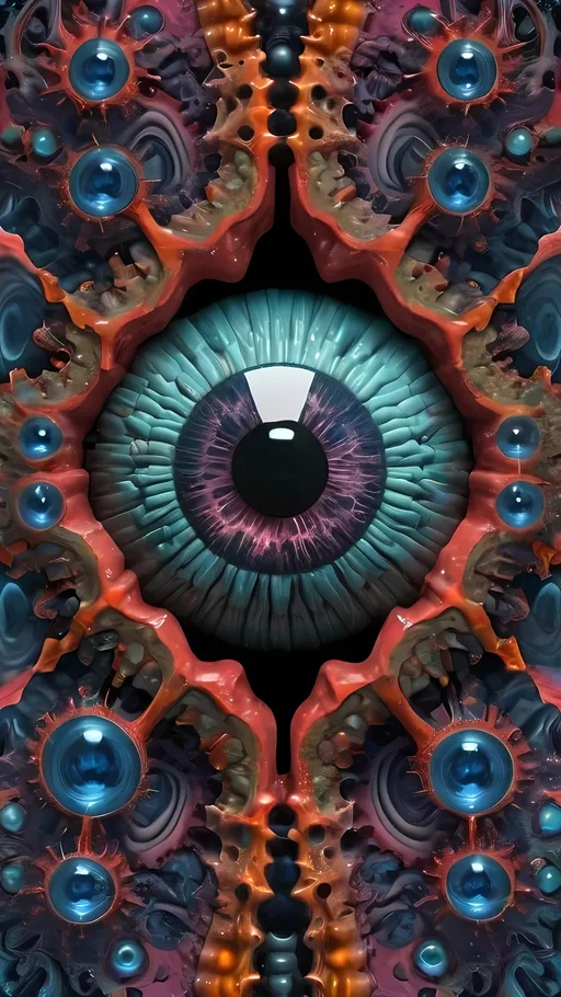 Prompt: Create an extremely hyper-realistic, ultra super textural, weird, trippy, surreal, psychedelic eyes/teeth/mouth pattern/design based on "Mandelbrot", with lots of human eyes (crazy colorful compound psychedelic), rows of human teeth, human lips, and tongues. 

- **Colors**: determined by the properties and expressions of the elements (& their isotopes), minerals, and metals: Tourmaline, Rhenium (Re)

**Shapes and forms**
- "Mandelbrot" 
-other shapes determined by the natural properties and expressions of the elements (& their isotopes), minerals, metals, and biological organisms: tourmaline,  Rhenium (Re)

- **Textures**: Derived from any/all elements (& their isotopes), minerals, metals, crystals, organic things mentioned in this prompt: tourmaline, Rhenium (Re)

**Composition and Layout**:
- a pattern/design based on the Mandelbrot set

**Lighting**:
- Phosphorescence

**Detail and Atmosphere**:
- Extreme hyperrealistic sharp high detail high definition organic and mineral textures
- Psychedelic, weird, odd, surreal atmosphere
- Frozen in time

**Additional Elements**:
- extra rows of teeth, lips, many eyes, Mandelbrot

