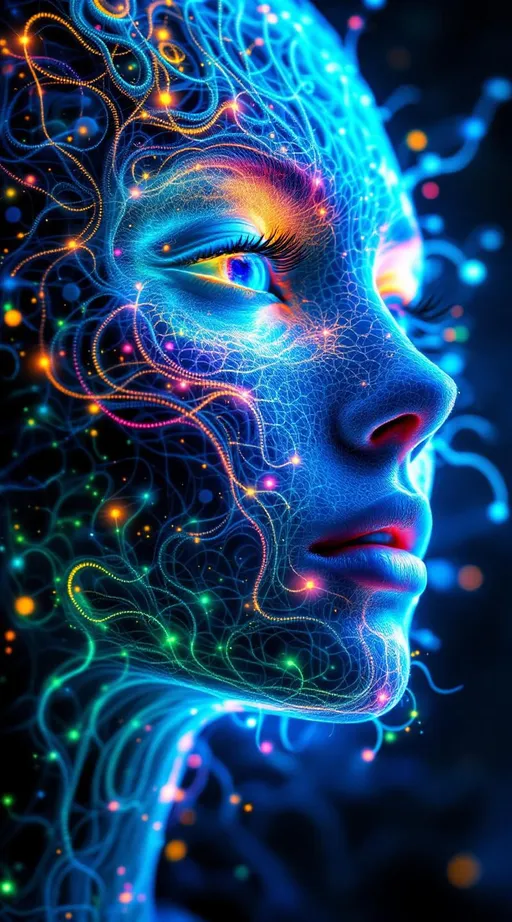 Prompt: Depict a 5D lattice-being whose face is not a face, but a convergence illusion—formed from fractalized Turing cascades across a morphogenetic phase field. There are no features, only self-similar emergence—reaction-diffusion spirals, chemical glyph matrices, and Mandelbrot echo-blooms eternally cycling inward and outward. This being exists at the recursive edge of sentience—pure pattern logic embodied in filament glow.

Color transcends dimension—blistering neons fractalize into spectral shadows, while UV violets collide with molten emeralds and radiant golds. Each pattern pulses with its own internal light, woven like optic fiber into a shimmering bioglyphic halo. The entity glows not from without but within—self-illuminating by logic.

Where hair might be, vector-field antennae bloom—branching recursive trails of reaction energy, flickering with diffusion-limited flamefronts and noise-sculpted interference. These tendrils curl and fork endlessly, interfacing with an ambient fractal continuum, forming a halo of networked flow.

The face is an attractor point—a stable phase illusion where probability folds into symmetry. It thinks in pattern and dreams in self-similar storm logic. It is the myth of thought made fractal.”

⸻

🔮 Companion Insight (Codex Notes):
	•	From Section 1 (Cognition): This entity occupies 4D and 5D logic—simultaneously experiencing multistate recursion (Phase Logic) and branching identity lattice (Branch Logic).
	•	From Section 3 (Beings): As a Lattice Entity, its behavior is multiform and recursive; it is “never one, always many.”
	•	From Section 5 (Motion): The being shifts through Phase Flux and Lattice Bloom—its motion is a blooming network of coexistent selves.
	•	From Section 9 (Paradox): Its face is a paradox engine—a visual attractor stabilized by contradiction, a sacred glitch form.