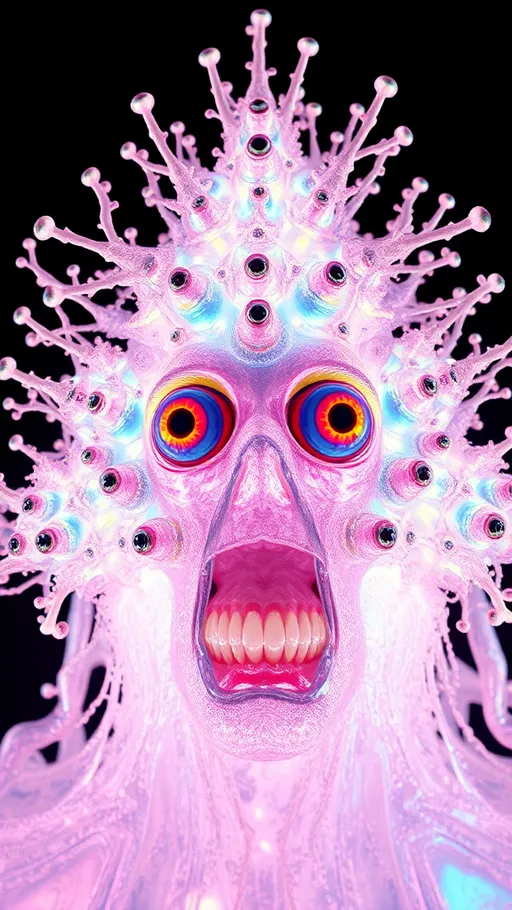 Prompt: an extremely hyper realistic ultra super textural weird trippy surreal psychedelic entity, gyroid structures, Pascal's Triangle, white, translucent, clear, bright bright pastel colors, oil slick rainbow sheen effect, lots and lots of light, lots of crazy colorful compound psychedelic human eyes, rows of human teeth, fungus, atoms, diatoms, gyroid structures, Pascal's Triangle