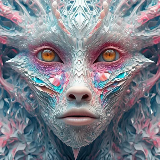 Prompt: <mymodel> Extremely hyperrealistic psychedelic geometric creature, multidimensional geometry, nonhumanoid  geometric shape, translucent, silver, white, bright pastel colors, fractals, ultra textural, creature, monster, entity, face/body/mouth, eyes