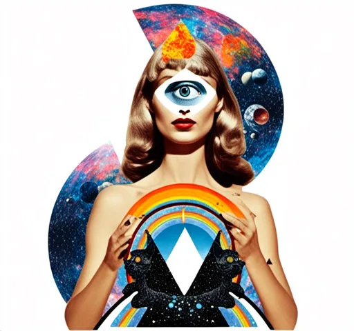 Prompt: <mymodel>Psychedelic collage of a woman, spliced and edited with psychedelic planets, cats, and UFOs, a psychedelic open third eye, incorporating paint, enamel, and found objects, black and white optical illusions, high quality, surreal, vibrant colors, trippy, psychedelic, detailed collage, cosmic theme, colorful lighting surreal collage