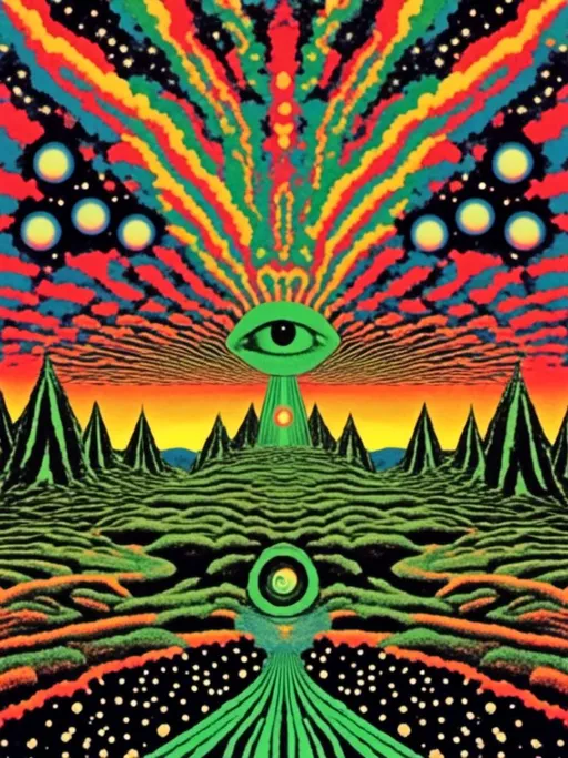 Prompt: <mymodel> Vintage 70s psychedelic surreal sci-fi Collage, analog, cut & paste, outer space, rainbows, spectrum, optical illusions/trippy patterns, surreal alien landscapes, UFOs, « little green men », psilocybin mushrooms, geometric shapes , planets, orbs, black night sky with stars, in the center, cats, 