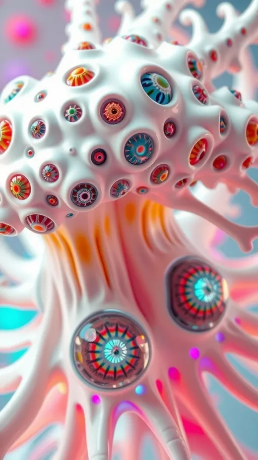 Prompt: an extremely hyper realistic ultra super textural weird trippy surreal psychedelic entity, vicsek fractals, white, translucent, clear, bright bright pastel colors, oil slick rainbow sheen effect, lots and lots of light, lots of crazy colorful compound psychedelic human eyes, rows of human teeth, fungus, atoms, diatoms, vicsek fractal