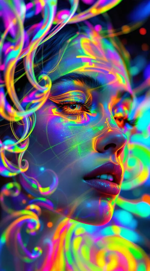 Prompt: A woman’s face composed of recursive fractal rainbow light—hyper-saturated with ultraviolet, laser gold, neon pink, iridescent greens, and cosmic chrome—emerges from a holographic light-sheet. Her skin is a twisted Mobius lattice of angle-mapped distortions, each loop folding her reflection into itself—a glitch shimmer of mirrored identity. Her eyes are twin disco balls, each one a topological echo, reflecting reversed-space entanglements; her pupils shimmer with conformal inversion glyphs. Her hair flows in looping streamlines of mirrored dimension logic, each strand a pathway through impossible topology; lips shimmer like Klein bottle lips glossed in time-refraction. She floats inside a recursive Studio 54—a velvet black twistspace wrapped in mirrored inversion bubbles of herself, every boundary bending hue and logic across complex angle fields. Around her spiral multidimensional mandalas of chromatic reversal—mirror-vein spirals, identity-twist caustics, and Mobius-glam halos—reflecting self-similarity through dream-distortion recursion. The space pulses like an identity rave: logic-loop beats, inversion grooves, and reflection-dance mapped to non-Euclidean glamour. Render as :topology-glam :identity-flux :mirror-math :mobius-glitz :recursive-glamour :studio54-wormhole :angle-encoded :logic-fold :symbolic-saturation.