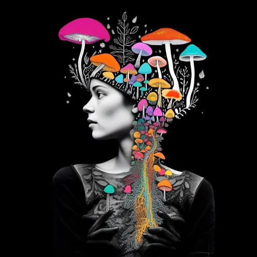 Prompt: A mixed media collage of a black and white photograph of a young woman growing all kinds of colorful multimedia psychedelic mushrooms and fungus out of her body (incorporate things like- but are not limited to - vibrant paints, enamels, glitters, metallic foils, newspaper and magazine cut paper, paint spatter, etc)<mymodel>