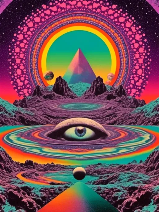 Prompt: <mymodel> A weird trippy surreal vintage psychedelic collage, (ONLY COLORS- cool colors only- purples, black & white- teals/purple-blue/seafoam green, light teal)  cut and paste, optical illusions, psychedelic patterns, alien  landscapes, eyes!!! , UFOs, strange creatures, magic mushrooms, planets/asteroids/space, cats, cheeseburgers, tacos, aliens, weird surreal trippy