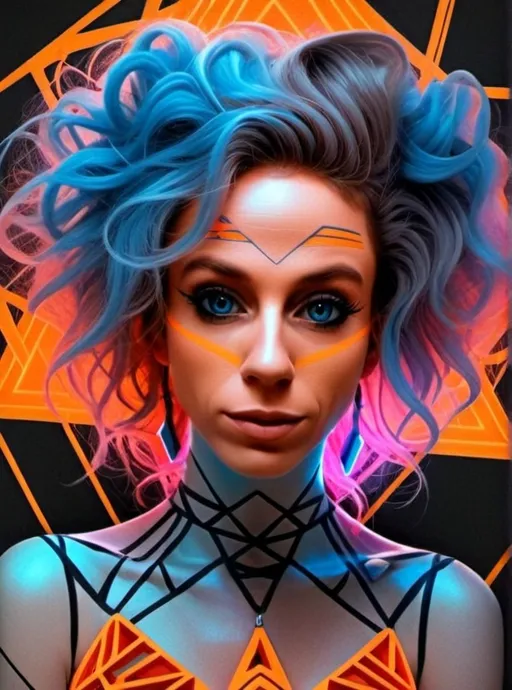 Prompt: 
"A futuristic portrait of a slim Caucasian woman with long, wild, very curly pink hair and piercing blue eyes, seamlessly integrated into a glowing, cyberpunk-inspired geometric design. Her hair flows dramatically, blending with the vibrant hot pink neon accents, while her intense gaze emerges from the dark background. She wears a high-tech, textured outfit with intricate patterns, complementing the triangular neon shapes. The overall aesthetic is bold, modern, and otherworldly, with her vivid pink curls and striking blue eyes as the focal point of the composition."

Let me know if you'd like further refinements!
