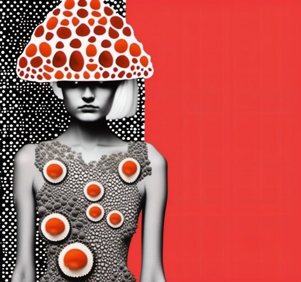 Prompt: a mixed media collage of a girl wearing or growing mushrooms/fungus as clothing body parts and accessories. She is a black and white or halftone photograph, the mushrooms and fungal growths are to be mixed media, including but not limited to paint, enamel, foils, glitter, sparkle, sequins, found objects, natural items, rhinestones etc <mymodel>