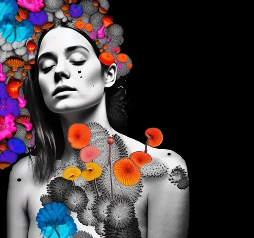 Prompt: A mixed media collage of a black and white photograph of a young woman growing all kinds of colorful multimedia psychedelic mushrooms and fungus out of her body (incorporate things like- but are not limited to - vibrant paints, enamels, glitters, metallic foils, newspaper and magazine cut paper, paint spatter, etc)<mymodel>