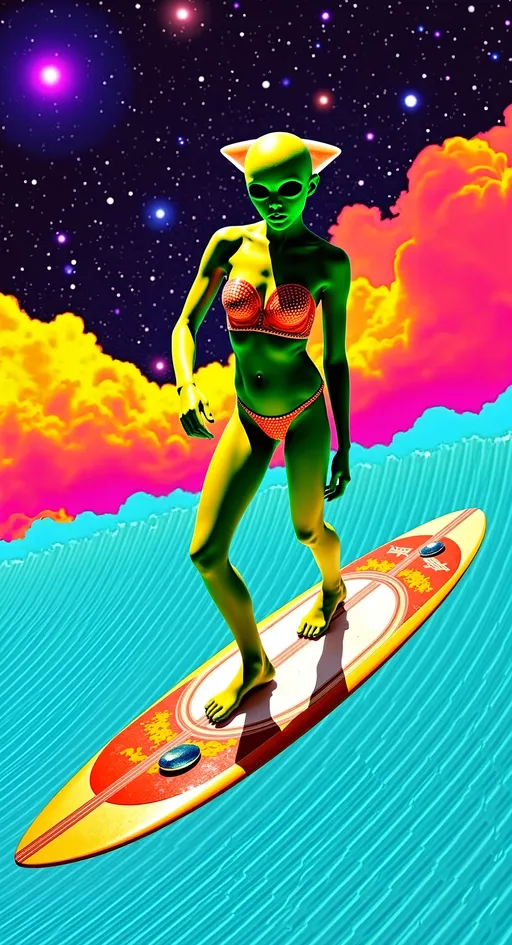 Prompt: Let's refine that cosmic surfing adventure:

**Astral Surfing Queen - AI Art Prompt**

Create an artwork featuring our iconic green-skinned alien babe, rocking a retrofuturistic swimsuit that blends vintage style with sleek, modern design. Picture her surfing an astral wave made entirely of vibrant colored light and abstract astral matter, gliding effortlessly through the vast expanse of the astral plane.

She's "hanging 10," her toes gripping the edge of a metallic, futuristic surfboard that gleams with an otherworldly sheen. The board is adorned with intricate patterns and glowing accents, reflecting the advanced technology of her cosmic culture.

Her expression is one of pure joy and exhilaration, as she rides the astral wave with the grace and skill of a seasoned surfer. Her bald conical head and large, solid black almond-shaped eyes add an extra layer of mystique to her carefree demeanor.

The background is a dazzling display of cosmic elements—swirling nebulae, twinkling stars, and trails of astral light that create a sense of motion and energy. The astral wave itself is a dynamic flow of luminous colors and abstract forms, embodying the ethereal and ever-changing nature of the astral realm.

Incorporate surfing terms like "carving" and "cutback" to describe her fluid movements as she navigates the astral waves with precision and flair. Let her pose and the overall composition capture the thrill and freedom of surfing through the cosmos.

Balance hyperrealistic textures with an illustrative, artistic style, capturing the playful and adventurous essence of this astral surfing queen. Let the fine details and vibrant colors transport viewers into a realm where surfing meets the extraterrestrial, in a celebration of cosmic joy and exploration. 🌌🏄‍♀️👽

Let this prompt inspire a piece that's as dynamic and visually captivating as it is uniquely yours!