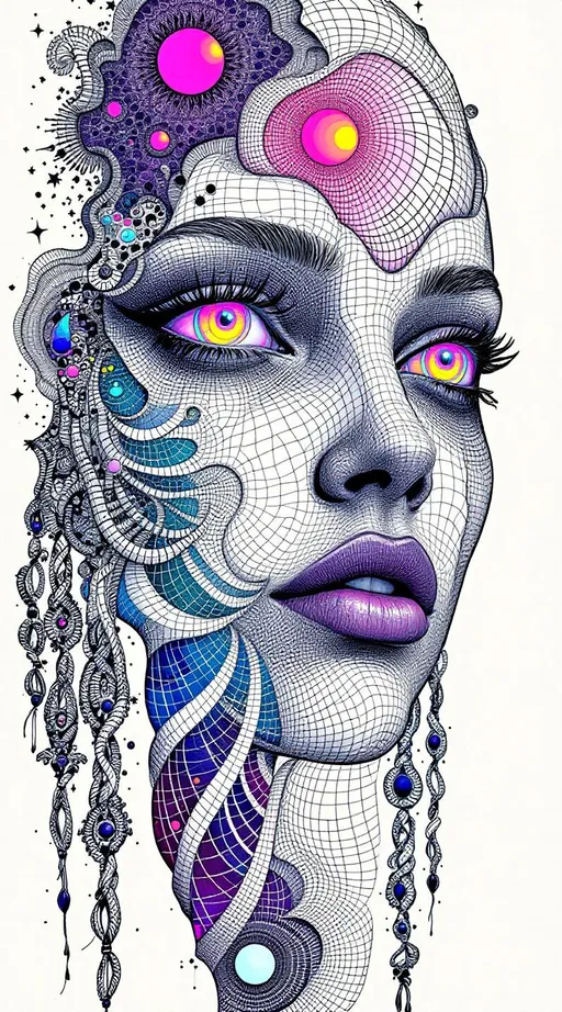 Prompt: A female face unfolds across impossible space—tessellated, recursive, and drawn in thick, uneven ink lines. In the style of La Planète Sauvage, she is not realistic but ritual: a hyper-stylized visage stretched across a non-Euclidean manifold, every contour warped by logic. Her expression is a paradox, hovering somewhere between diagram and myth. Eyes spiral as limit cycles around strange attractor loops, each one inked in tight elliptical bands, orbiting voids rimmed with rainbow halos. Her lips follow curved geodesics—pulled along warped surfaces in matte strokes of spectral pink and solar green. Her cheekbones ripple outward in Hilbert folds, crumpling the page behind her.

The entire face is embedded in a dual lattice: one half the Fractal Memory Field—drawn as nested Penrose tiles in dusty neon—and the other the Chromaflux Constraint Net, painted as hyperbolic grids stitched with glowing braid-knots. These patterns do not sit on her—they become her: nose a focal node of dimensional interference; forehead a Klein-braid of tiling syntax, spiraling in iridescent filament arcs.

Color here does not blend—it diffracts. Harsh rainbow lighting fractures across her skin like broken glass dipped in oil. Auroral ribbons loop through recursive mesh. Every layer of recursion shifts both shape and hue—chromatic torque spirals through Möbius arcs, folding prismatic glyphs into hyperspace along brush-scrawled vector lines.

Her hair dissolves into nested geometry: tessellated ribbons and spectral lattices curl like illustrated smoke, each strand tipped with moiré sparkles and drawn distortions. Her expression flickers with encoded meaning—half-symbol, half-glitch, alive within the folds of Riemann topology.

She is maximalist and spatially unstable. A conscious diagram. A sacred drawing of feedback loops and chroma logic. A face-shaped equation rendered in psychedelic ink.