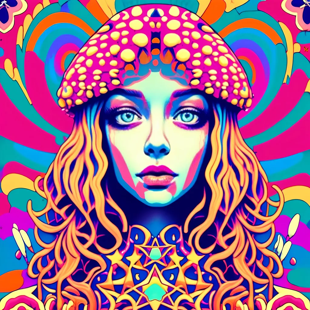 Prompt: a psychedelic  poster art illustration of a psychedelic girl  with long blond curly hair on psychedelic magic mushrooms, her pupils are hugely dilated, with stars in her eyes she perceives ineffable geometries, colors that do not exist, fractals, the astral reality of her nature, while surrounded by psilocybe cubensis mushrooms, liberty caps, hallucinations and hallucinogenic mushrooms and a solid black cat is there in a psychedelic poster art illustration <mymodel>