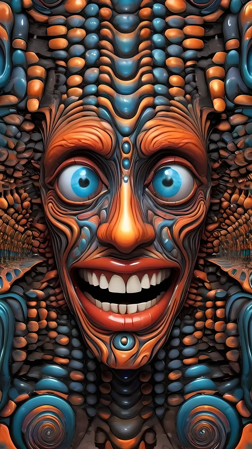 Prompt: Create an extremely hyper-realistic, ultra super textural, weird, trippy, surreal, psychedelic eyes/teeth/mouth pattern/design based on the “labyrinth fractal” & “op art tiling” with lots of human eyes (crazy colorful compound psychedelic), rows of human teeth, human lips, and tongues. 

- **Colors**: determined by the natural properties and expressions of the elements (& their isotopes), raw rough minerals, and metals:
- Molybdenum (Mo)
- Fire Opal

**Shapes and forms**
- main form: “labyrinth fractal”
-other shapes determined by the natural properties and expressions of the elements (& their isotopes), raw rough minerals, metals, and biological organisms: 
- Molybdenum (Mo)
- Fire Opal

- **Textures**: Derived from any/all elements (& their isotopes), minerals, metals, crystals, organic things mentioned in this prompt: 
- “labyrinth fractal”
- Molybdenum (Mo)
- Fire Opal

**Composition and Layout**:
- a pattern/design based on “labyrinth fractal”
- 3 dimensional


**Lighting**
- lots and lots of bright shining reflective light
- opalescence


**Detail and Atmosphere**:
- Extreme hyperrealistic sharp high detail high definition organic and mineral textures
- Psychedelic, weird, odd, surreal atmosphere
- Frozen in time

**Additional Elements**:
- extra rows of teeth, lips, many eyes, “labrynth fractal”, Aventurescence, Chatoyancy
