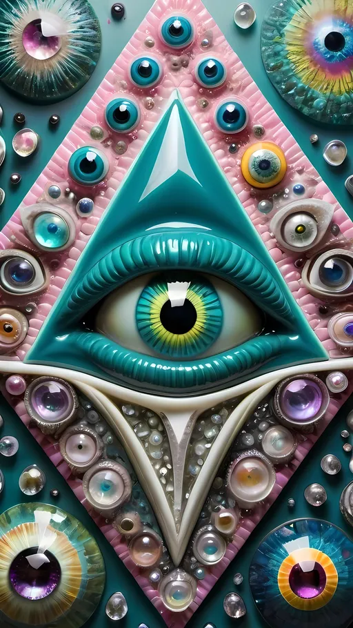 Prompt: an extremely hyper realistic ultra super textural weird trippy surreal psychedelic entity, delaunay Triangula,translucent, white, blown glass, pearlescent finish, inlaid opal, glittering crystal accents, silver, pyrite, quartz,, chrome, bright vivid teals, blues, pinks/yellows/greens,purples,  lots and lots of light, lots of crazy colorful compound psychedelic human eyes, rows of human teeth, human lips, tongues, fungus,  atoms, diatoms, diatomic, algae, bryozoans, delaunay Triangulation, extreme high definition organic and mineral textures