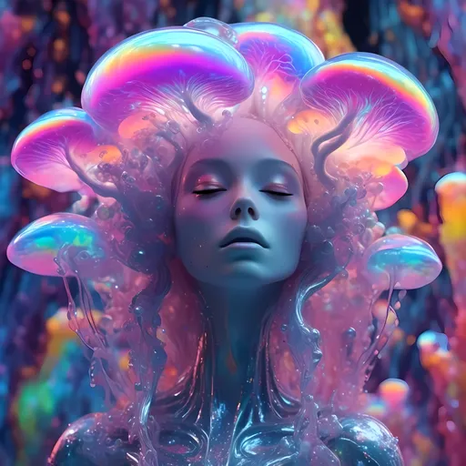 Prompt: <mymodel>beautiful female sentient rainbow mushroom fungus entity with humanoid face, silver, opalescent, iridescent, bismuth crystals, rainbow oil slick sheen effect, white, translucent, bright pastel colors, lots of light, psilocybe cubensis