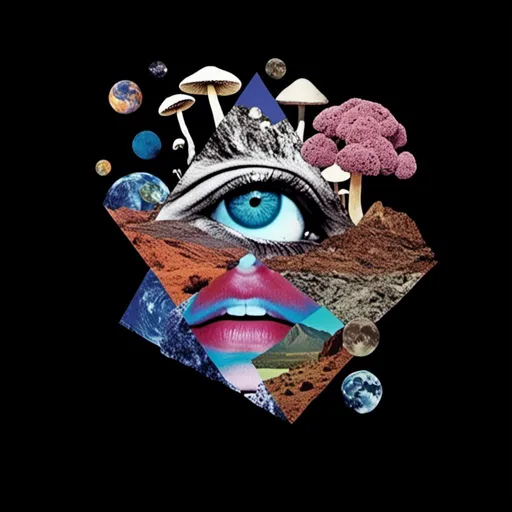 Prompt: <mymodel>surreal Psychedelic collage of spliced photographs, mushrooms, eyes, crystals, alien landscapes, desert landscapes, mountain landscapes, space, planets, orbs, psychedelic patterns, geometric shapes, optical illusions, highres, ultra-detailed, surreal, psychedelic, vibrant colors, cosmic, intricate details, surrealistic, dreamy lighting