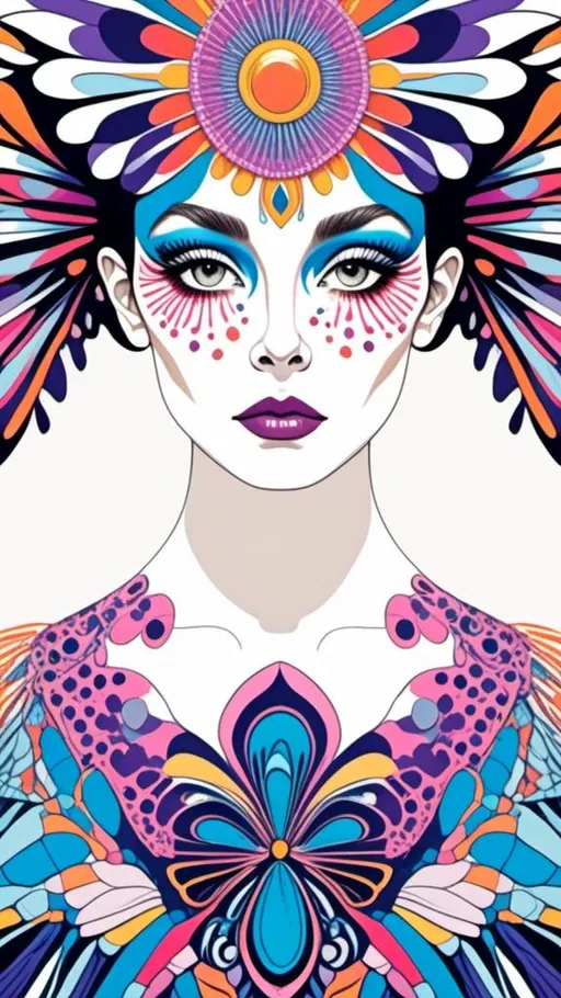 Prompt: <mymodel>Realistic avant-garde models showcasing psychedelic poster art illustrations, high couture fashion, colorful and vibrant, detailed facial features, intricate designs, 4k ultra-detailed, realistic, avant-garde, psychedelic, high couture, vibrant colors, intricate patterns, detailed facial features, professional lighting