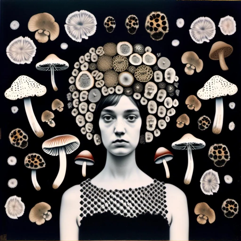 Prompt: a mixed media collage of a girl wearing or growing mushrooms/fungus as clothing body parts and accessories. She is a black and white or halftone photograph, the mushrooms and fungal growths are to be mixed media, including but not limited to paint, enamel, foils, glitter, sparkle, sequins, found objects, natural items, rhinestones etc <mymodel>