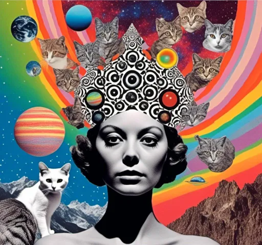 Prompt: <mymodel>Psychedelic collage of a woman, spliced and edited with psychedelic planets, cats, and UFOs, a psychedelic open third eye, incorporating paint, enamel, and found objects, black and white optical illusions, high quality, surreal, vibrant colors, trippy, psychedelic, detailed collage, cosmic theme, colorful lighting surreal collage