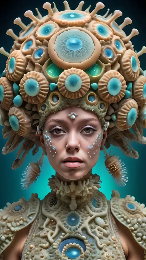 Prompt: Extremely hyperrealistic ultra textural trippy surreal beautiful but odd unsettling psychedelic creature- a psychedelic diatomaceous creature entity queen crown jewelry cape with lots of crazy psychedelic human compound eyes, rows upon rows of human teeth.  head, face, body, limbs, fungus, Mandelbrot, oil slick rainbow sheen effect, holographic, hologram, translucent, vivid colors white, tons and tons of light, bright pastel colors, Gyroid Structures. Diatoms: bacillariophyta, siliceous, valves, girdle bands, raphe, striae, puncta, areolae, costae, rimoportula, fultoportula, chloroplasts, auxospore, epitheca, hypotheca, mucilage, frustule symmetry, valve morphology, pennate diatoms, centric diatoms, motile, non-motile, biofilm, epiphytic, epilithic, epipsammic, biogenic silica, diatomaceous earth, primary producers, carbon fixation, biogeochemical cycles, diatom blooms, paleoecology, nanostructures, microalgae, environmental indicators, aquatic ecosystems. geometric, symmetrical, radial, bilateral, elongated, circular, triangular, oval, star-shaped, pennate, centric, intricate, lattice-like, perforated, silica, frustules, ornate, microscopic, diverse, varied, delicate, transparent, golden-brown, pillbox-shaped, chain-forming, solitary, colonial, planktonic, benthic,