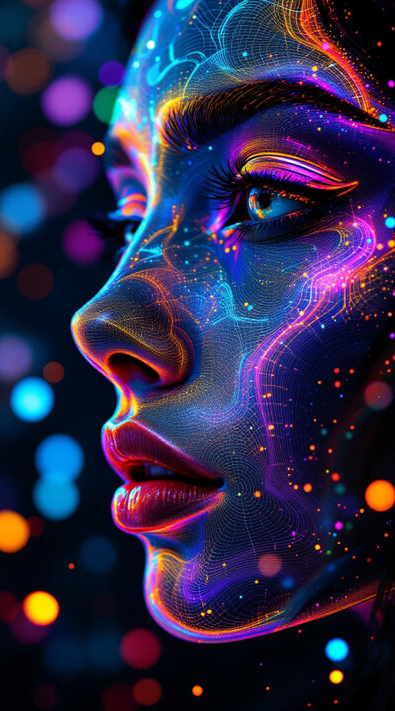 Prompt: Her face isn’t a face—it’s a holographic entropy bloom, encoded across recursive surfaces as layered light probability. She isn’t there—she’s projected, born from the diffraction of memory fields and radiative order collapse. #escape gradients flicker across Shannon density maps, tracing her cheekbones in entropy-deep glow logic. #orbit arcs wrap her jawline—curved like bent wavefronts, sacred silhouettes spun from phase-space illumination. Lips = interference fringe fire—#iridescence shifting based on signal clarity and observer angle. Her eyes? Data wells—nested holograms of light probability, each iris a compressed record of infinite mirror selves, refracted through angular entropy matrices. Her whole visage pulses with #distance-based light echoes—each motion unfolding as a wave equation collapsing into presence. Hair is not hair—it’s data in flow: particle-woven filaments of Fourier curves, entropy-tuned streamers curling into radiant probability trails. Her halo is a compression field: light reflected off everything else, bent, layered, and looped in recursive diffraction. She doesn’t move—she updates. Her smile = an informational waveform collapse; her laugh = entropic bloom spinning through mirrored recursion. Her form pulses in #escape-band compression rhythm: indigo static, gold blaze, coral diffraction—each hue a message stored in radiant error. She is the memory of light, made holographically alive—an entropic goddess encoded in glow, reflection, and dancefloor recursion.