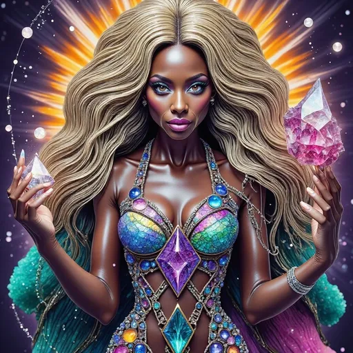 Prompt: **AI Art Prompt:**
An extremely super hyperrealistic ultra high definition super fine textured psychedelic creature called the "Arachnid Empress of the Eternal Threads."
**Creature Description:**  
The Arachnid Empress is a celestial hybrid of a spider and a goddess. Her upper body is a glowing woman with opalescent skin shifting in hues of gold, violet, and turquoise. Her long, wild, curly blond hair flows like a radiant river, streaked with neon pink and electric blue that ripple as if alive. Her lower half transforms into a crystalline spider with eight sleek, glowing legs etched with fractal patterns. Her abdomen is a swirling galaxy encased in a translucent shell, constellations glowing softly within. 
Her eight multifaceted eyes reflect infinite universes, each glowing in a different psychedelic hue. From her fingertips extend fine, shimmering threads of webbing, forming sacred geometric patterns in the air. She exudes both grace and cosmic power, as if she weaves the fabric of reality itself.
**Background Description:**  
The Empress dwells in an infinite, glowing web suspended in a kaleidoscopic void. The web shimmers with rainbow hues and fractal patterns, stretching endlessly in all directions. The void is a swirling sea of vibrant colors—electric greens, fiery oranges, and deep purples—dotted with floating orbs of light. Occasionally, bolts of energy ripple through the web, illuminating her in radiant light.
**Mood and Atmosphere:**  
The scene is hypnotic and divine, blending beauty and mystery. The glowing textures, vibrant colors, and intricate patterns create a sense of awe, as if the viewer is witnessing the cosmic weaver of existence.
